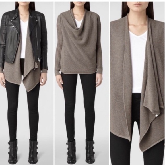 All Saints Sweaters - All Saints Drina Merino Wool Ribbed Zip Asymmetric Cardigan Sweater Gray Size 4